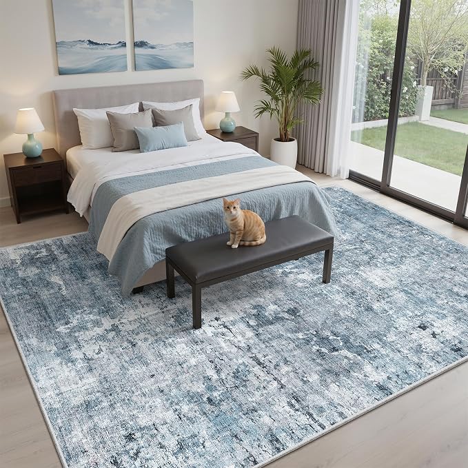 Soalmost 5x8 Area Rugs Blue/Grey Low Pile Indoor Washable Trendy Faded Style Rugs for Bedroom Living Room Dining Room Foldable Non-Slip Thin Print Home Office Mat
