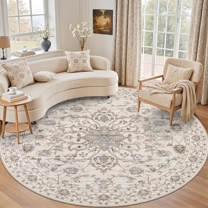 Round Area Rug for Living Room: 8 ft Washable Vintage Boho Soft Thin Circle Rug Indoor Floor No Slip Stain Resistant Carpet for Bedroom Dining Room Farmhouse Nursery Home Office -Brown Beige