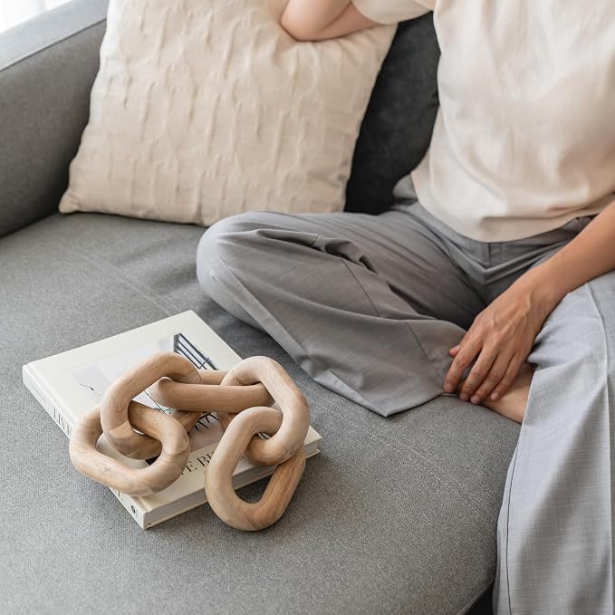 PEAKOLY Book Shelf Decor Items - Acacia Wood Chain Link Decor, Coffee Table Accessories, Bookshelf Decors, Sculpture for Shelves, Wooden Decorative Objects, Link Ornament, Living Room Accents