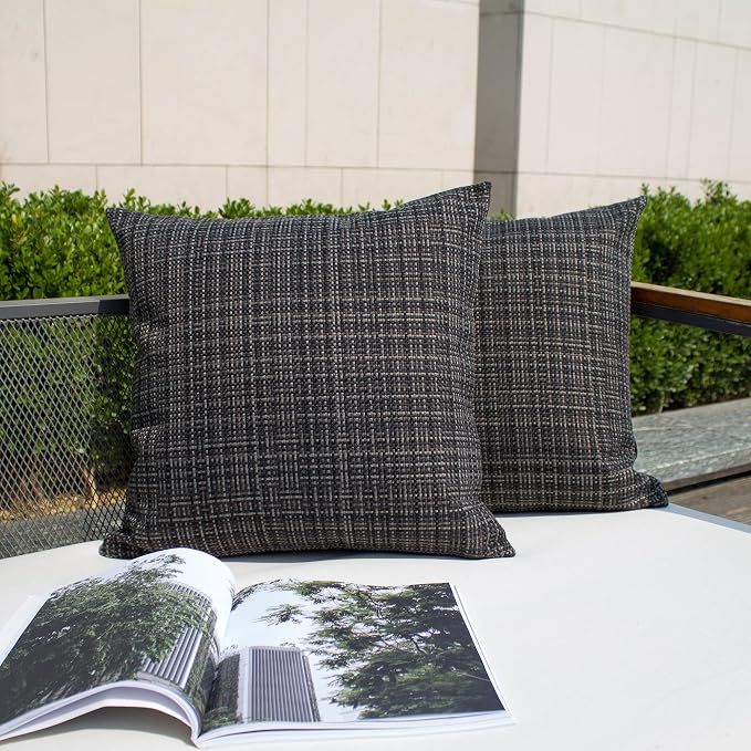 Kevin Textile Pack of 2 Decorative Outdoor Waterproof Throw Pillow Covers Stripe Square Pillowcases Modern Cushion Cases for Patio Couch Bench 18 x 18 Inch Black