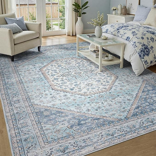 DCX Blue 5x7 Rug, Machine Washable Stain Resistant Kid & Pet Friendly with Rubber Back Non Slip Vintage Rug for Living Room, Bedroom, Home Office, Soft Low Pile Large Carpet