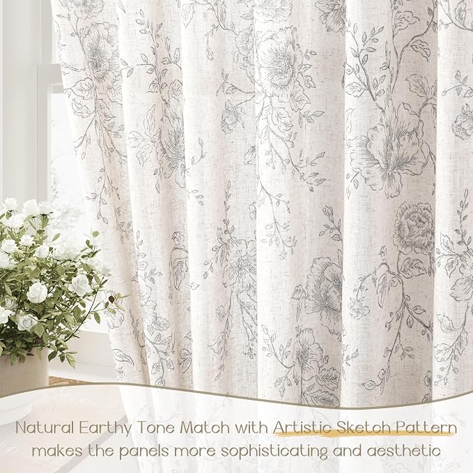 Vintage Floral Curtains 80 inch Length 2 Panels Set for Living Room Grey and Cream Printed Curtains Back Tab Neutral Farmhouse Bedroom Curtains Cottage Style Pretty Flower Patterned Linen Drapes