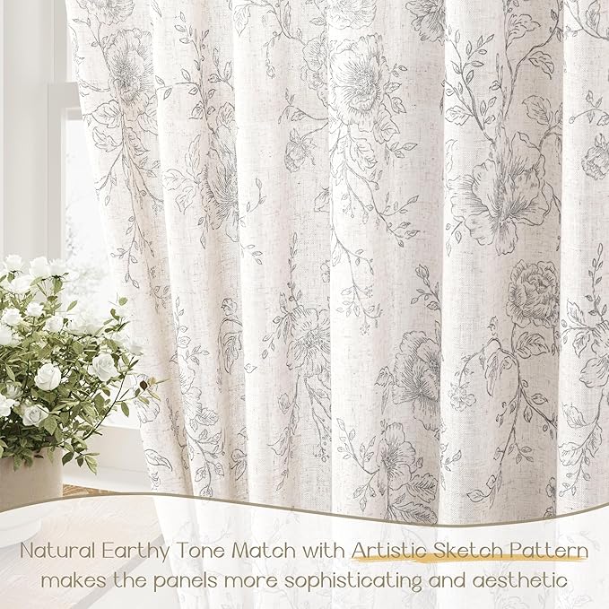 Vintage Floral Curtains - 102 Inch Long Grey Patterned Sketch Print Burlap Textured Farmhouse Country Shabby Chic Back Tab Linen Floral Drapes for Bedroom