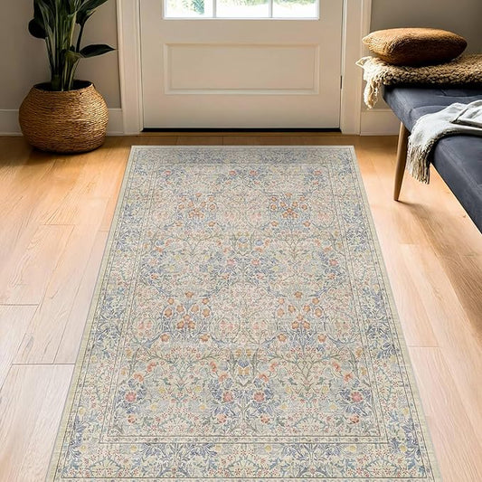 Large 3x4 Entryway Rug Indoor - Washable Non-Slip Low Pile Stain Resistance Ultra Thin Area Rug for Large Kitchen, Bedroom Beside Bed - Vintage Floral Botanical Beige Blue Decor