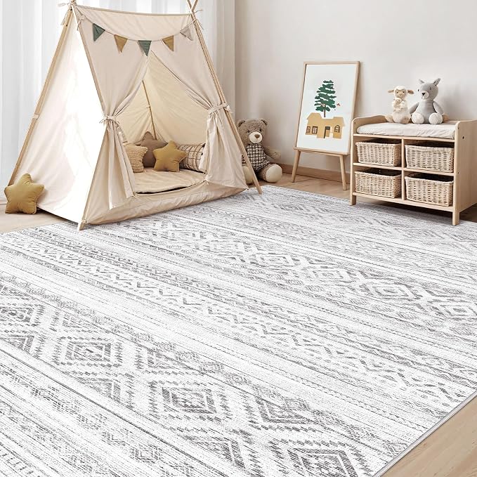 cotiled 7x9 Area Rugs Living Room Rug: Washable Boho Rugs with Non Slip Backing Large Soft Indoor Stain Resistant Carpet for Bedroom Farmhouse Dining Room Lightweight Home Decor Light Grey