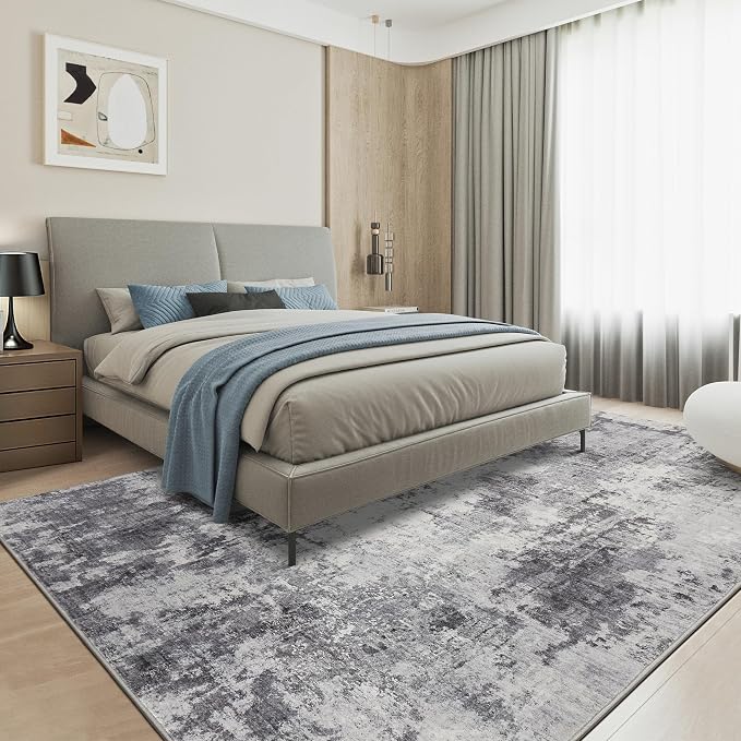 Abstract 5x8 Area Rug: Machine Washable Non Slip Ultra Thin Low-Pile Carpet, Soft Stain Resistant for Living Room Bedroom Nursery, Kid Pet Friendly, Robot Vacuum Compatible - Grey