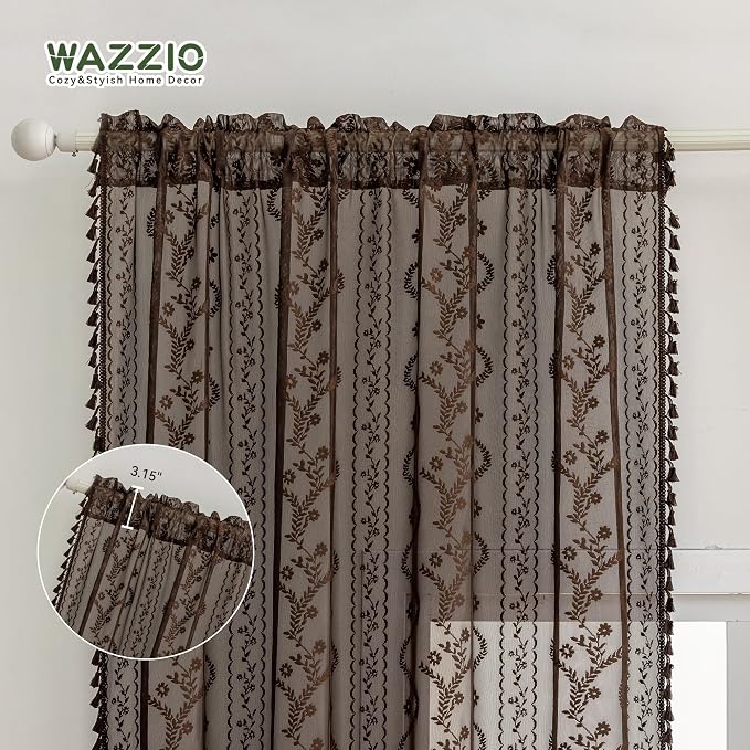 WAZZIO Boho Lace Curtains 2 Panels 84 Inch -Victorian Sheer Panel Drape French Country Floral Pattern & Tassel Light Filtering Privacy for Bedroom Dining Living Room,Rustic Style,Brown,W52x L84