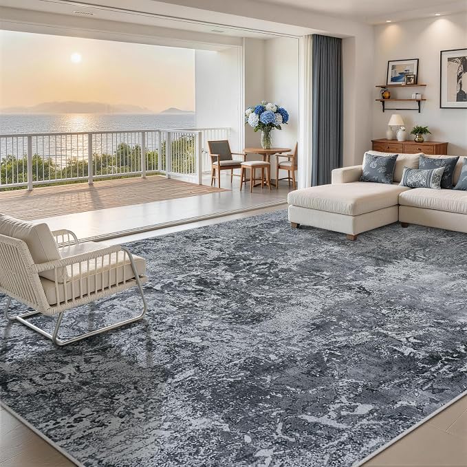 10x14 Area Rugs for Living Room Rug Washable: Abstract Large Rug Indoor Modern Carpet Non Slip for Dining Room Bedroom Nursery Home Office Black
