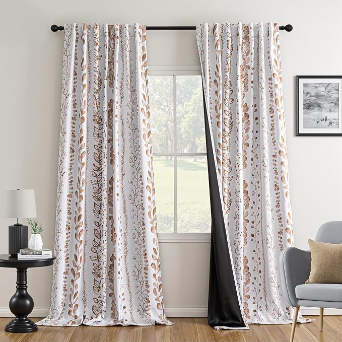 MEETSKY Blackout Curtains 95 Inches Long Leaves Patterned Farmhouse Thermal Insulated Privacy Protection Drapes with Rod Pocket Back Tab for Bedroom Living Room, 2 Panels, 50" Wide, Khaki