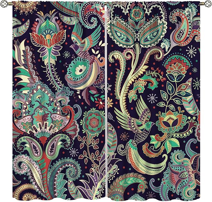 Boho Curtains, Traditional Geometric Ethnic Style Beautiful Floral Pattern, Blackout Curtains Living Room Bedroom Dim Room, 2 Panel Set, 84x84 in.