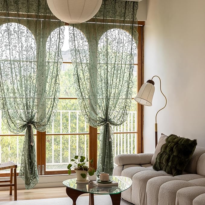 TUDECO Dark Green Curtains 96 Inch Long - Antique Embroidered Lace Sheer Curtains for Living Room, Farmhouse Summer Floral Forest Ruffle Rod Pocket 2 Panels, 8 FT 59W x 96L, Olive Green