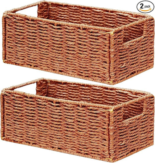 Vagusicc Wicker Storage Basket, Set of 2 Hand-Woven Paper Rope Wicker Basket, Small Storage Baskets for Organizing Toilet Paper, Foldable Small Cube Organizer Bins for Shelves (Orange)