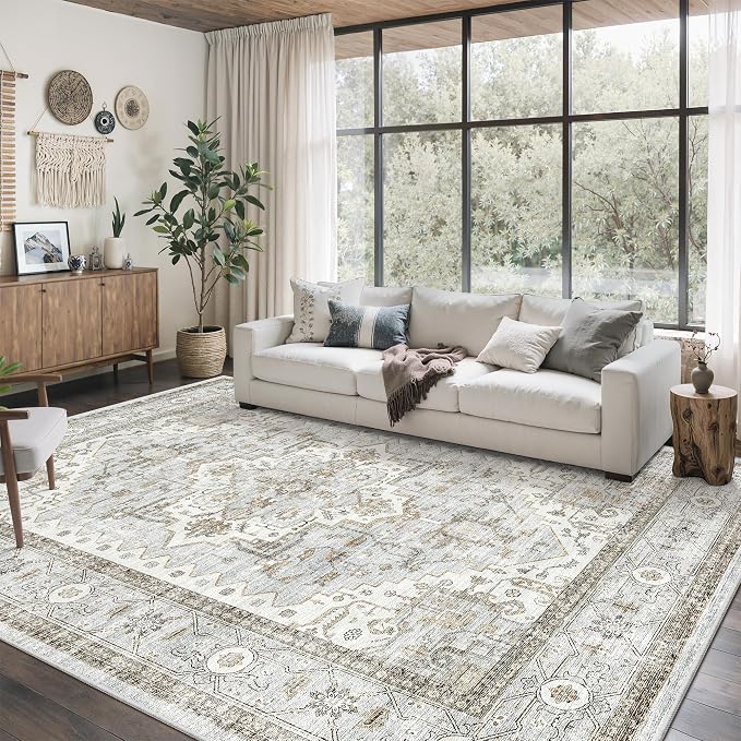 befbee 8x10 Area Rugs for Living Room, Stain Resistant Neutral Washable Rugs for Dining Room, Floral Vintage Non-Slip Thin Large Size Area Rug （Blue＆Beige）