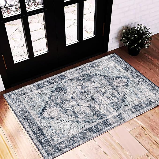 CHAMPLANT 2'x3' Dark Blue Area Rug Washable Door Mat Vintage Distressed Doormat Indoor Entrance Traditional Thin Floral Print Non Slip Mats for Kitchen Bathroom Bedroom Living Room