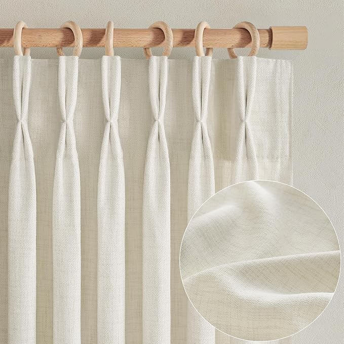 PleatedDrapes Cream Linen Farmhouse 120 Inch Curtains for Living Room, Extra Long Pleat Sheer Light Filtering Curtain with Ceiling Track Privacy Thick Large Window Drapes for Sliding Door 2 Panels Set