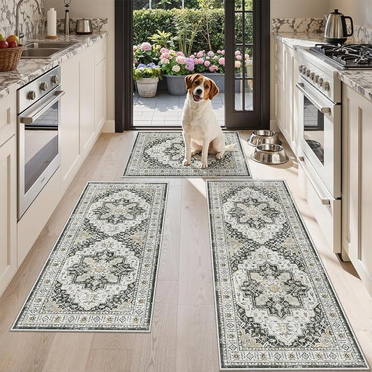 Madane Washable Kitchen Rug Set of 3 Small Area Rugs Non-Slip, Black | Vintage Hallway Entryway Door Mat Indoor Entrance Low Pile Floor Carpet Runner for Inside Front Entry Laundry 2x3+2x4+2x5