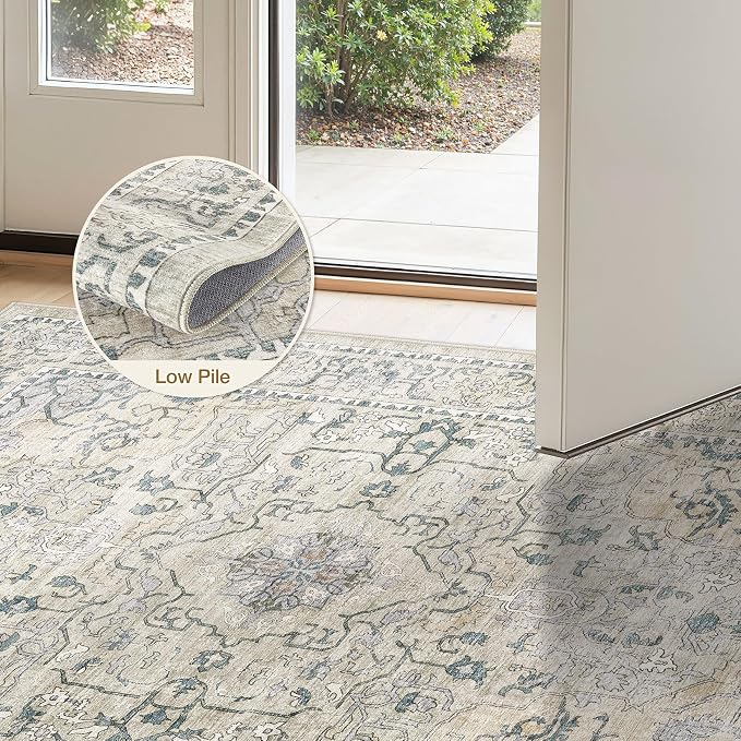 cotiled 4x6 Area Rug Machine Washable Vintage Carpet for Living Room Bedroom Soft Non-Slip Backing Floor Mat Kid & Pet Friendly Stain Resistant Green
