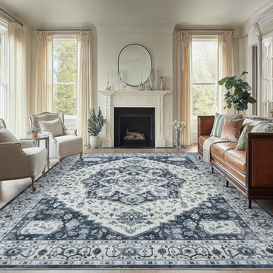 AMADA HOMEFURNISHING 8x10 Area Rug, Washable Low-Profile Large Area Rug with Non-Slip Backing & Durable Edge Binding, Vintage Large Rugs for Living Room, Bedroom