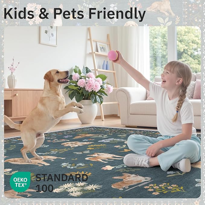 Soalmost Dog 6x9 Area Rugs for Living Room, Machine Washable Animal Floral Vintage Rug Non-Slip Low Pile Soft Throw Rugs for Bedroom Dining Room Kitchen Nursery Playroom (6 x 9,Navy Blue)