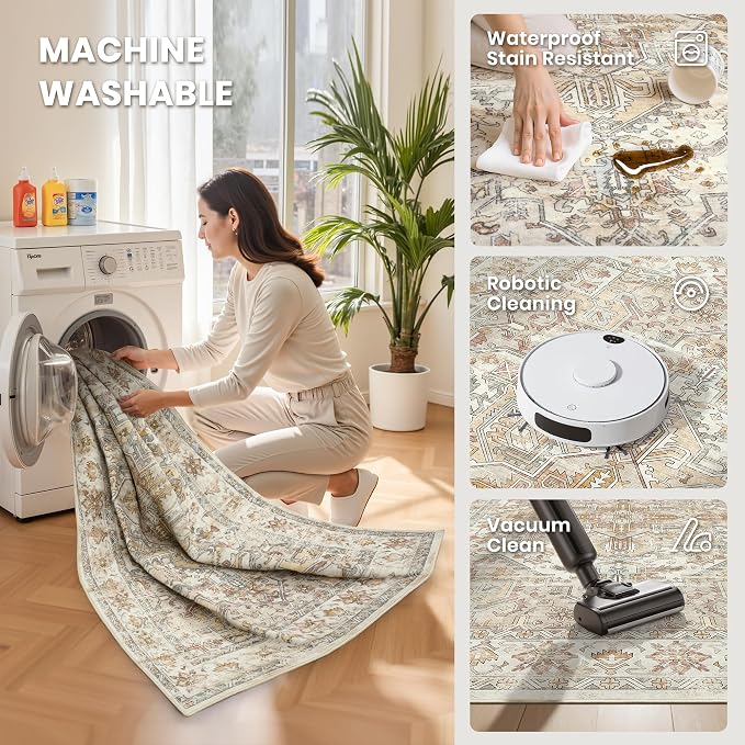 zesthome 8x10 Area Rugs - Stain Resistant Washable Rug for Living Room, Non-Slip Backing Large Area Rug with Ultra-Thin Low Pile for Bedroom, Vintage Home Decor