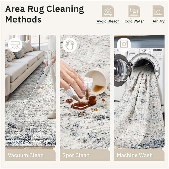 Soalmost 7x9 Area Rug for Living Room Washable Abstract Vintage Soft Thin Indoor Floor Non-Slip Carpet for Bedroom Dining Room Blue Ivory