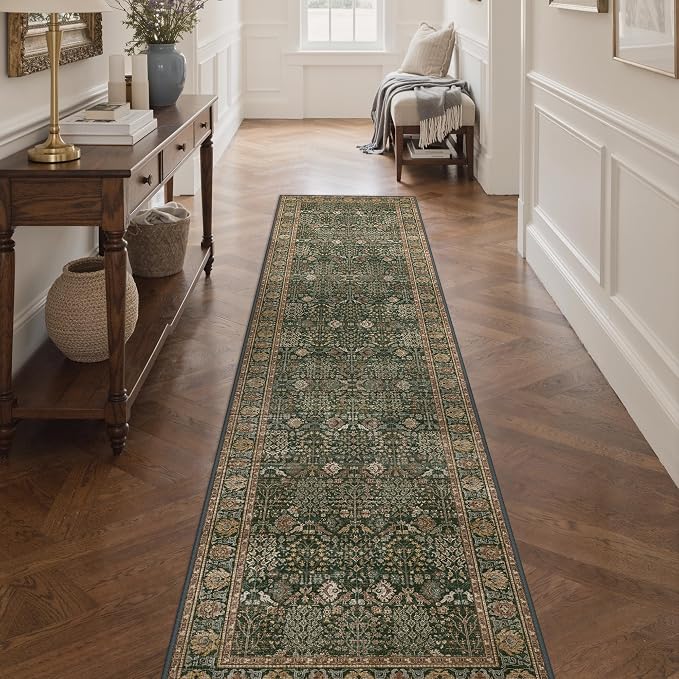 Bavni 2x10 Rug Runners for Hallways, Washable Runner Rug Non Slip,Vintage Floral Print Style Rugs for Bedroom-Lightweight Low Pile Carpet for Hallways Bathroom, Green/Multi