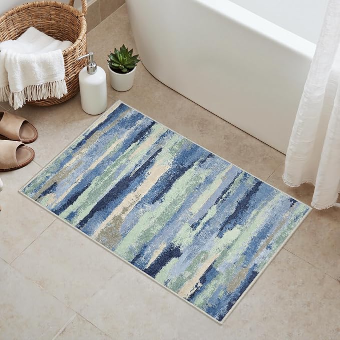 GENIMO 2X3 Washable Modern Doormat, Non-Slip Low Pile Chenille Area Rug, Small Entry Mat for Entrance Hallway Kitchen Bathroom, Sage & Tide