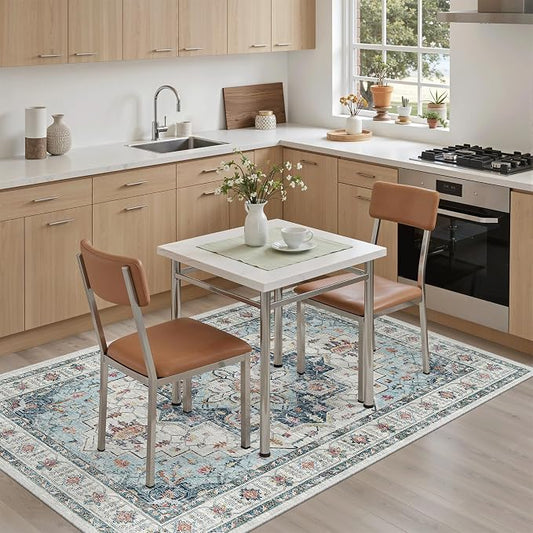 Madane Area Rug 4x6 Washable Rugs Vintage for Living Room, Blue | Ultra-Thin Stain Resistant Vintage Large 4'X6' Carpet, Soft Low Pile Floor Mat For Bedroom Dining Room Office Home Decor