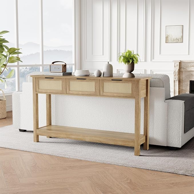 Luoxiao Rattan Console Table 3-Drawer 47" Narrow Wood Entryway Sofa Table | Trendy Boho Hallway Foyer Storage, Open Shelf, Sturdy Entry Table for Living Room, Couch, Easy Assembly, Anti-Tip, Natural