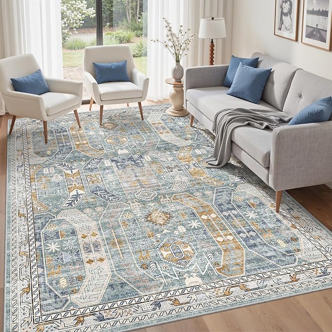 befbee 5x7 Area Rugs for Living Room,Stain Resistant Washable Rug,Non-Slip Backing Carpets for Bedroom,Kitchen,Printed Vintage Home Decor Rug (Blue/Gold, 5'x7')