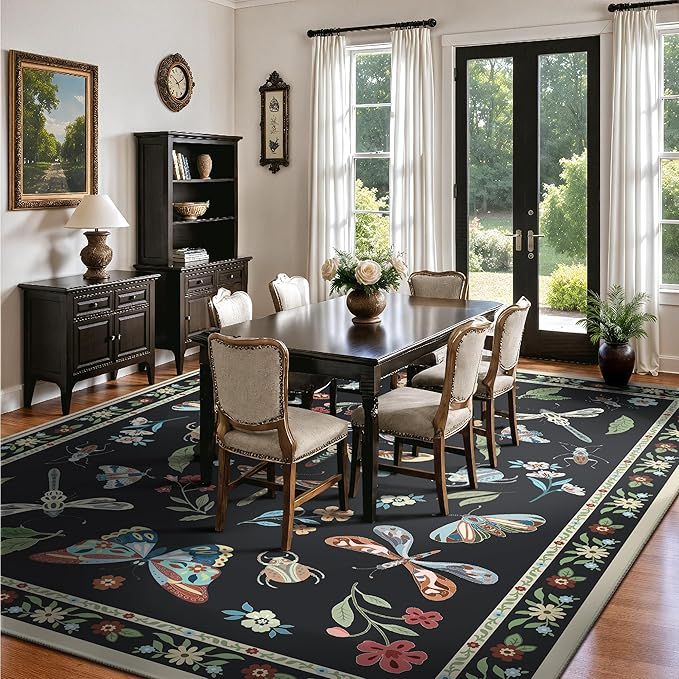 8x10 Area Rugs, Insect Ultra Soft Washable Rug Non Slip with Rubber Back, Stain Resistant Rugs for Living Room, Bedroom, Dining Room(Dark Black Butterfly)
