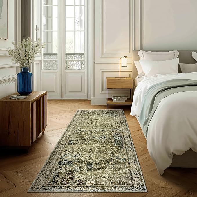 Boho Washable Runner Rug for Kitchen,Non Slip Rubber Backing Non Skid Oriental Floral Vintage Long Carpet Runners for Hallway Entryway Indoor Doormat Bedroom,2x6 6ft,Moss Olive Green Beige