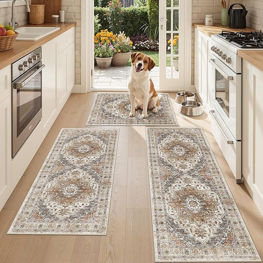 Madane Washable Kitchen Rug Set of 3 Small Area Rugs Non-Slip Turmeric/Grey | Vintage Hallway Entryway Door Mat Indoor Entrance Low Pile Floor Carpet Runner for Inside Front Entry Laundry 2x3+2x4+2x5
