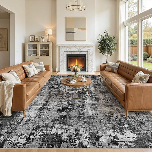 10x14 Area Rug Living Room Rugs: Washable Large Soft Abstract Modern Neutral Rug Stain Resistant & Non-Slip Low-Pile Carpet for Bedroom Dining Nursery Home Office Room Decor - Black