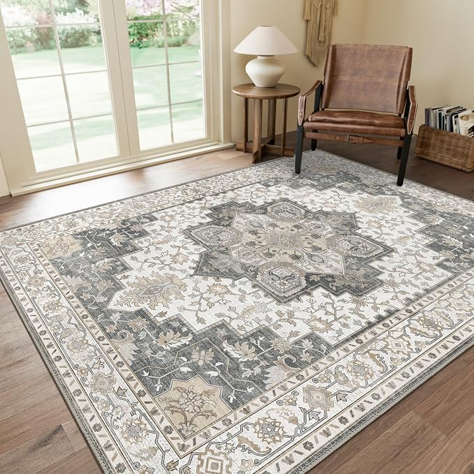 GENIMO 5x7 Area Rugs for Living Room, Machine Washable Non Slip Vintage Rugs, Low Pile Lightweight Print Rug for Bedroom, Dining Room, Home Office, Heathered Grey
