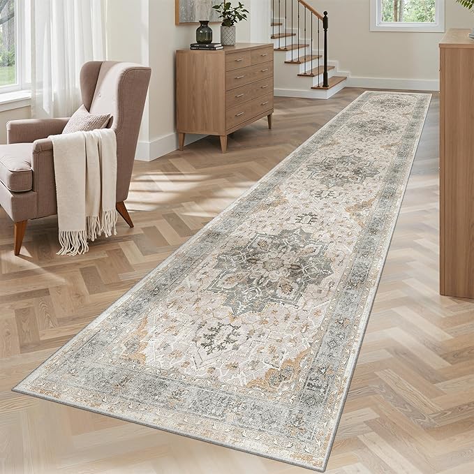 Madane Washable Runner Rugs 2x10 for Hallway Kitchen, Light Taupe Brown | Non-Slip Low-Pile 10ft Rug Runners Soft, Stain-Resistant Floor Carpet Mat for Entrance, Living Dining Laundry Room, Stair