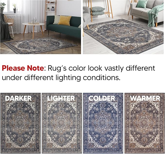 Keen Home Design 48"x72" Rug - Machine Washable Area Rug with Non-Slip Backing, Ideal for Living Room, Dining Room, Bedroom - Vintage, Easy Clean, Durable, Low Pile Rug - (4' x 6')