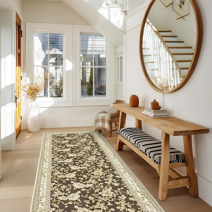 Brown Boho Washable 3x8 Extra Long Hallway Runner Rug, Extra Large Kitchen Floor Rug Indoor Entryway, Non-Slip Low Pile Machine Washable, Vintage Farmhouse Cream Beige Taupe Pattern Floral Design