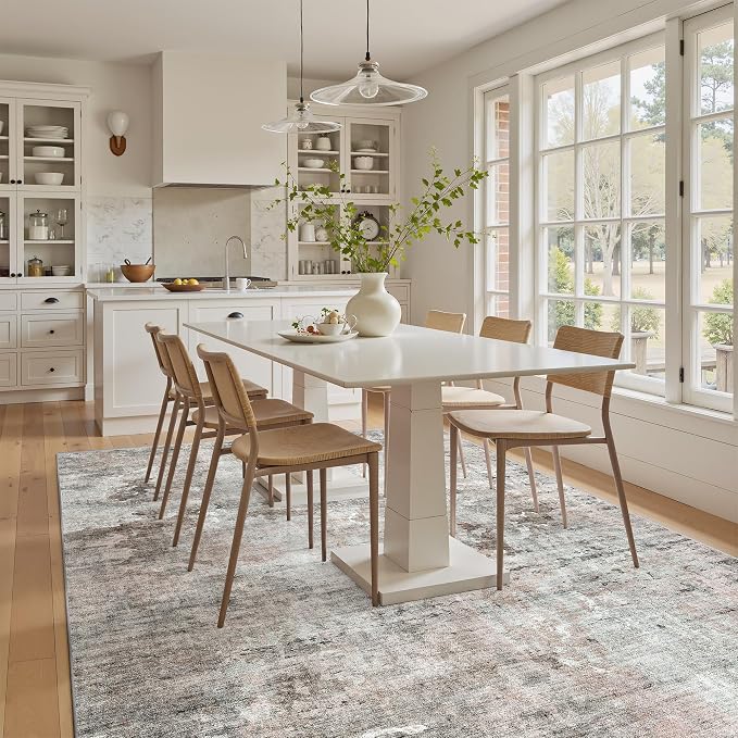 Soalmost Abstract Rug 5x7 Machine Washable Area Indoor Pink Grey Low Pile Non-Slip Foldable Thin Accent Gray Rugs for Bedroom Living Room Dining Room