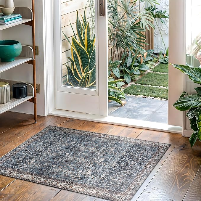 Bloom Rugs Washable Non-Slip 2' x 3' Rug - Blue/Beige Traditional Oriental Area Rug for Living Room, Bedroom, Dining Room, and Kitchen - Exact Size: 2' x 3'