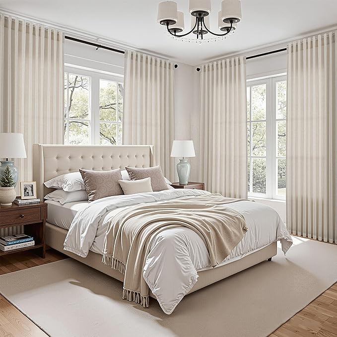 Nanspring Warm Beige Linen Curtains 102 Inches Long Rod Pocket Back Tab Drapes 2 Panels Set for Living Room Bedroom Light Filtering Semi Sheer Warm Beige Curtain 102 Length for Patio Door 52x102