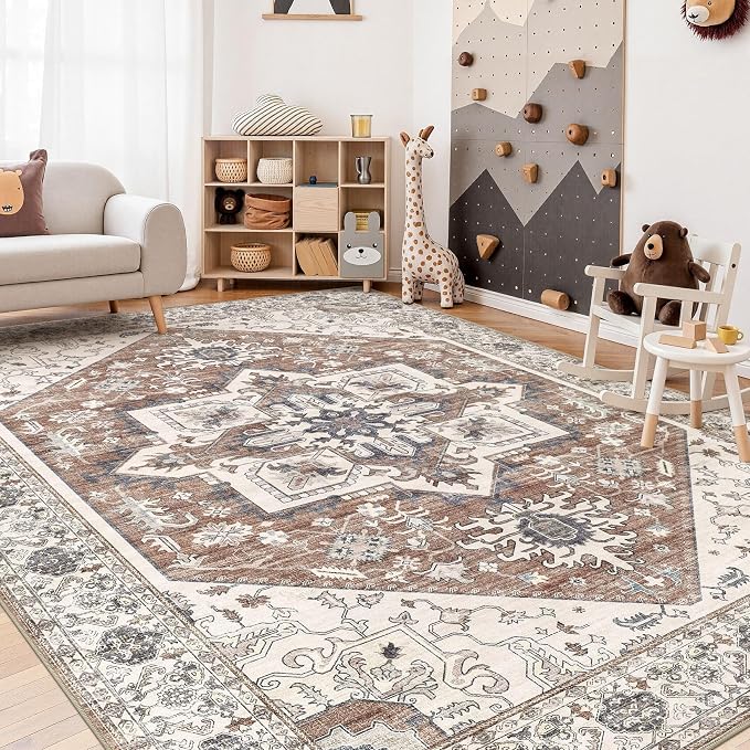 Area Rug 10x12 for Living Room - Washable Oriental Vintage Floral Distressed Large Indoor Carpets with Non Slip Back for Bedroom Dining Room Nursery Office Home Decor -Terracotta/Brown