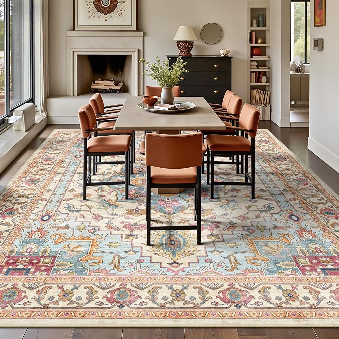 8x10 Area Rugs for Living Room - Washable Rug Vintage Distress Boho Medallion Rugs for Bedroom, Soft Non-Slip Backing Low Pile Carpet for Dining Room Office Nursery Home, Vintage Orange