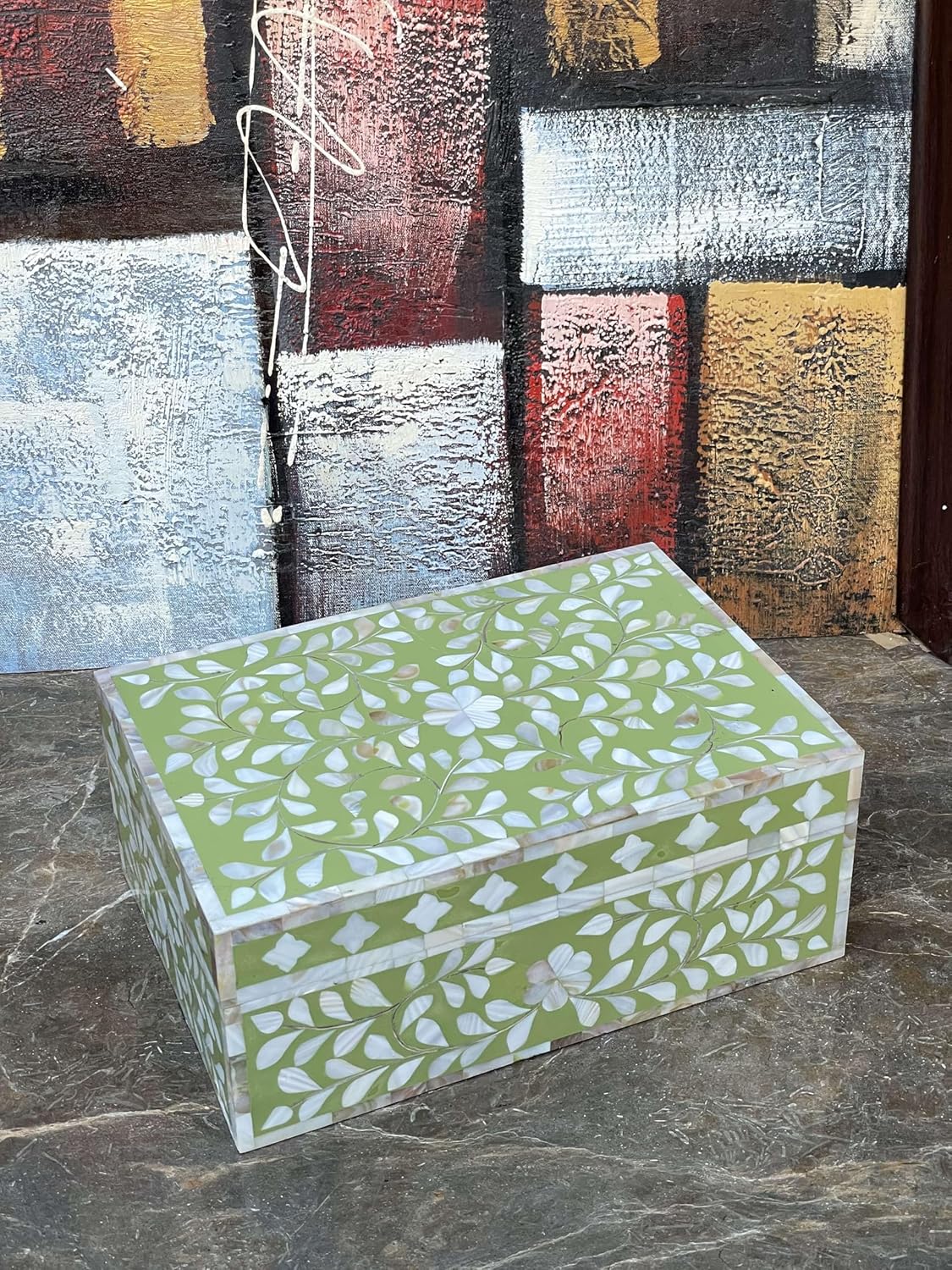 Decorative Storage Box Of Mother Of Pearl Inlay Floral Design Wooden Storage Box For Home Decoration For Living Dining & Bedroom (Olive Green_12x8x5 inch)