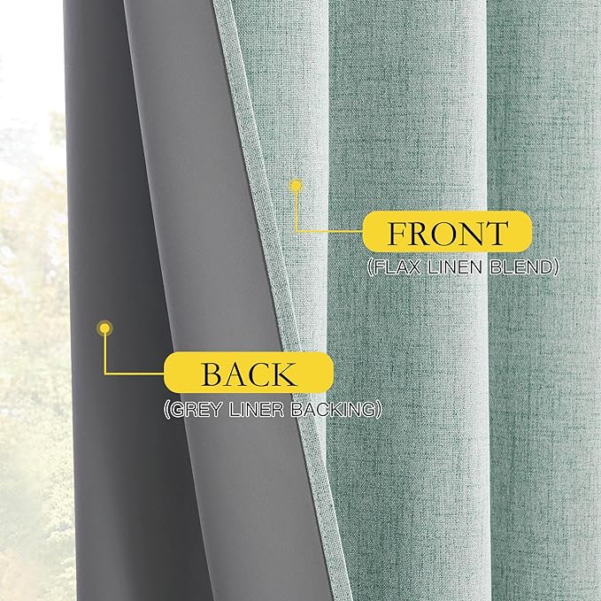 NICETOWN 100% Absolutely Blackout Linen Curtains with Thermal Insulated Liner, Seafoam Green, 62" Wide, 102" Length Energy Saving Curtains for Living Room 2 Panels Set, Vertical Blinds