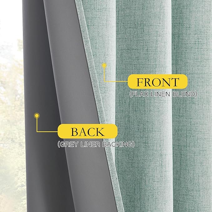 NICETOWN Full Blackout Linen Curtains 108" Length with Thermal Insulated Liners for Living Room, Farmhouse Style Keep Cool & Warm Large Window Drapes for Hall (Seafoam Green, 2 Panels, 52" Wide)