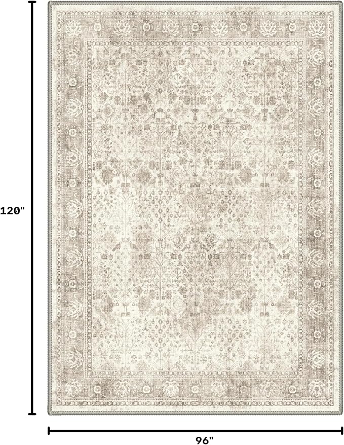 Bavni Washable Rugs 8x10 Machine Washable Rug Lightweight Low Pile, Vintage Floral Rug Non-Shedding Distressed Throw Carpet for Living Room Bedroom Office, Beige