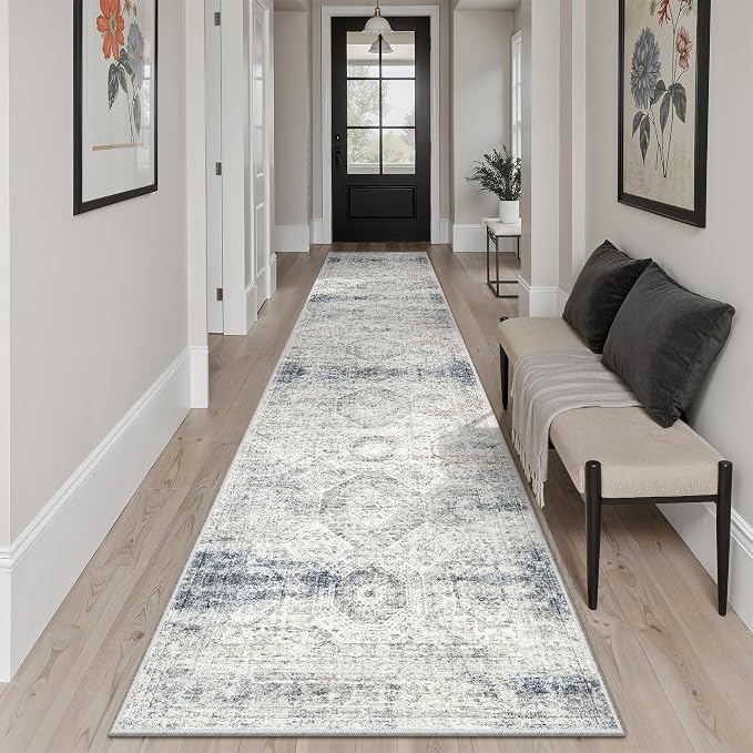 Soalmost Runner Rug 2x10 Washable Non-Slip Hallway Runner Rugs for Kitchen Bathroom Laundry Room Blue Ivory Vintage Floor Carpet Runners for Hallways Entryway