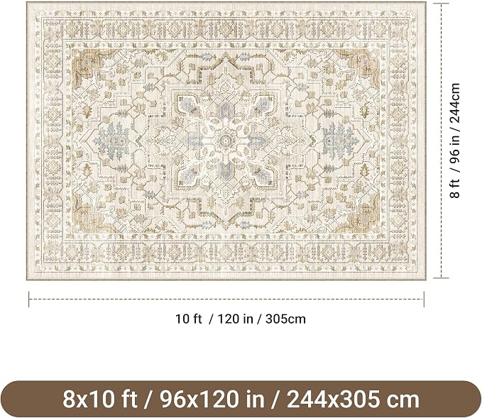 befbee 8x10 Area Rug for Living Rooms, Stain Resistant Neutral Washable Rugs for Dining Rooms, Floral Vintage Non-Slip Thin Large Size Area Rugs(Beige)