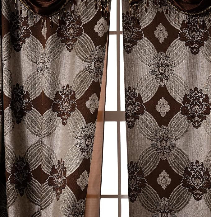 Petrichor Elegant Curtains with Gold Silver Threads 2 Panels Set - Luxury Window Treatment Attached Valance, Sheer Backing, and 2 Tie Backs for Bedroom and Living Room, 54x63 inches, Coffee
